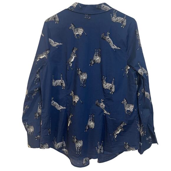 Modcloth Zebra Novelty Print Button-Up Navy Blue Plus 1X Long Sleeve Safari Top - Picture 2 of 11